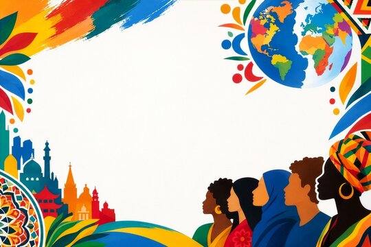 Cultural Diversity and Global Unity Concept Banner with Diverse People and World Map. Ideal for multicultural events, international relations, and global unity campaigns.