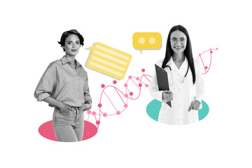 Composite trend artwork sketch image collage of medical service two young lady patient doctor work...