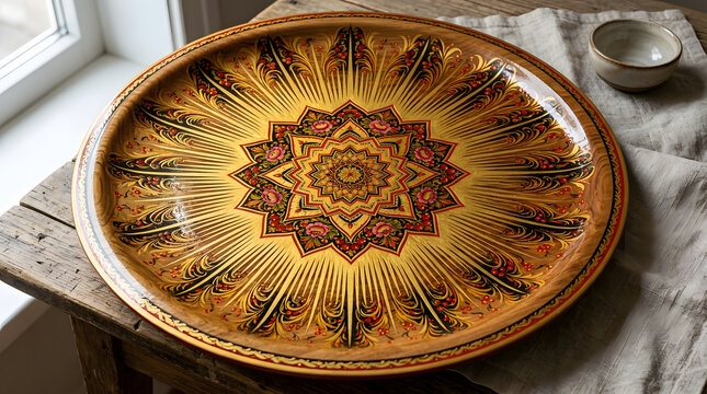 A large highly ornate wooden serving tray showcasing an intricate radial mandala pattern in rich golden brown and dark tones.