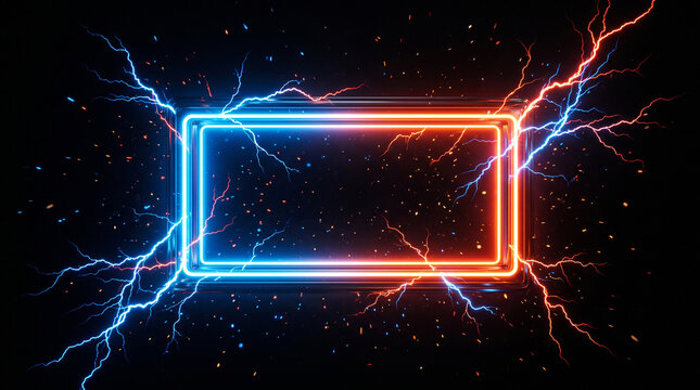 Abstract rectangular frame with glowing blue and orange lightning bolts and energy sparks on a black background