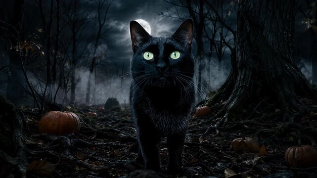 Black cat meowing in a moonlit forest among pumpkins. Halloween night and spooky folklore. Witchcraft and superstition concept. Eerie autumn nature and nocturnal animal