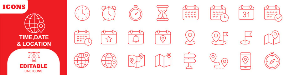 Naklejka na ściany i meble Time, date and location editable stroke outline icons set. Address line icons and navigation outline icons set. isolated on white background. 