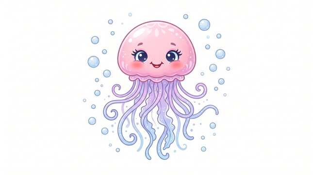 Cute cartoon jellyfish with long tentacles swimming in water