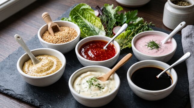 Assortment of healthy bowls with soups and grains on a tray