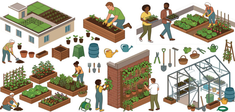 Sustainable lifestyle isometric vector illustration of diverse people gardening and growing food