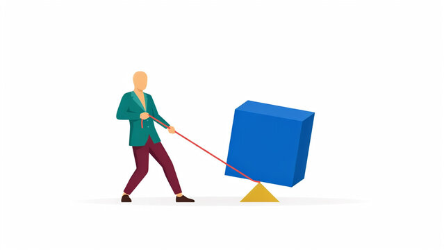 Businessman pulling a large blue cube with a red rope on a wedge