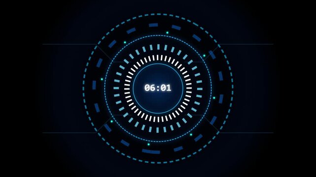 Futuristic circular digital countdown timer hud interface with rotating tech dial rings