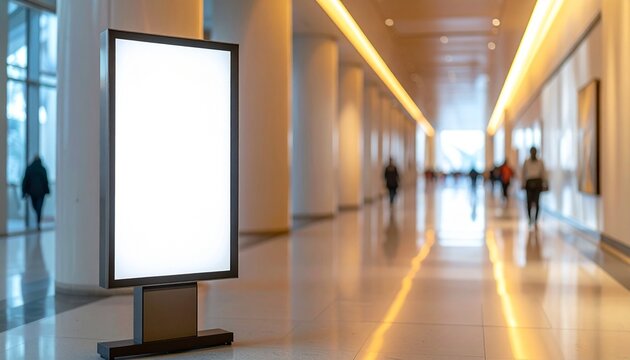 Blank vertical billboard display stand in a modern office building corridor.