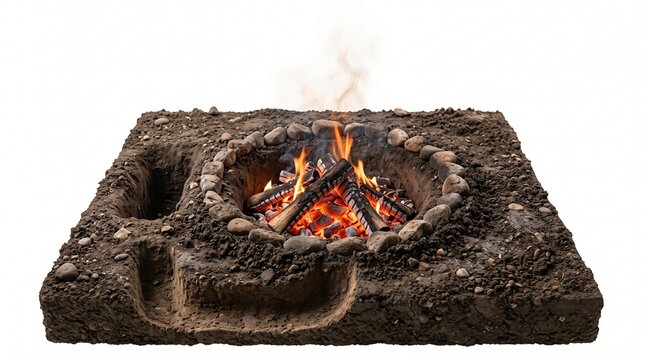 3D rendering of a campfire burning in a circular stone fire pit dug into a square patch of dirt, isolated on a white background
