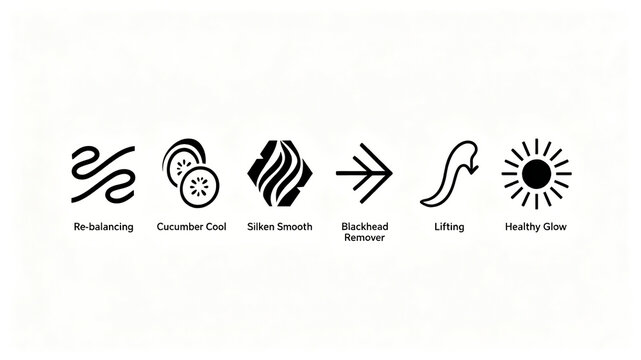 Flat black and white skincare efficacy symbol, representing water oil balance, blackhead removal and brightening, suitable for beauty stores and product introduction posters.
