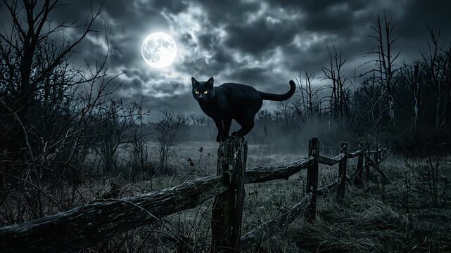Mystical black cat standing on old wooden fence post under full moon glowing during dark eerie night video footage