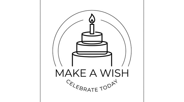 Birthday cake line art logo with candle and celebration text