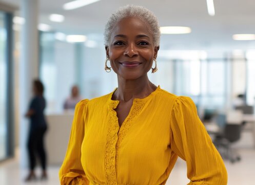 Confident woman in yellow at office
