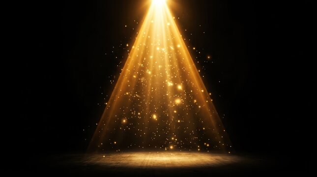 Bright golden spotlight shining down on a dark stage with floating dust particles and magical light effects