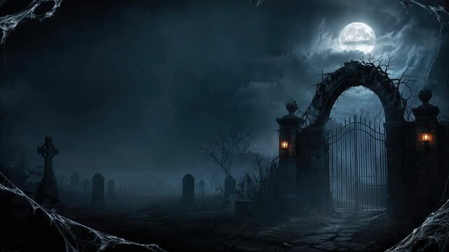 Cemetery gate beneath a full moon, framed by cobwebs. Halloween graveyard and haunted setting. Gothic horror, spooky night concept. Seasonal holiday background.