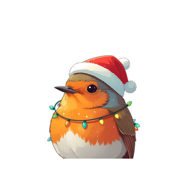 Cute Christmas robin bird wearing Santa hat wrapped in colorful fairy lights vector illustration isolated on white background