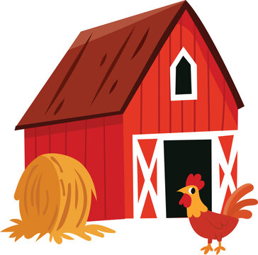 Red Farm Barn with Hay Bale and Rooster Cartoon Illustration