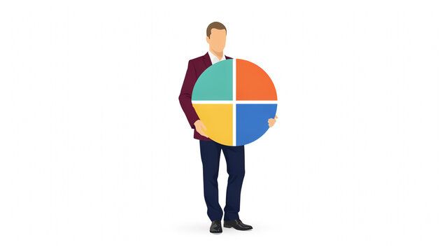 Faceless businessman in a maroon suit holding a large circular four-part pie chart on white ground