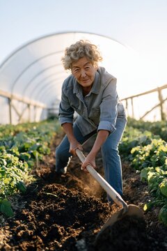 Senior woman digging soil in a greenhouse background for organic farm banner and sustainable gardening design
