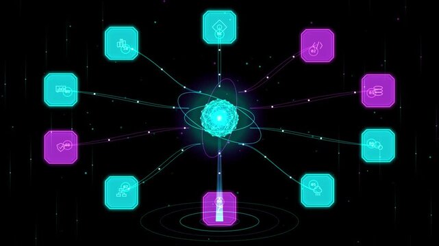 Futuristic cloud network hub connecting square and circular digital communication nodes