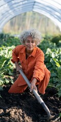Fototapeta premium Mature gardener digging soil in a greenhouse polytunnel with a shovel for sustainable farming poster and agricultural background