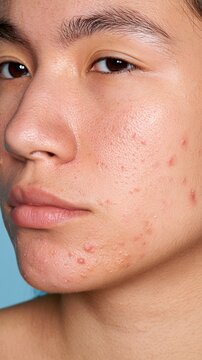 Young woman displaying acne on cheek in studio closeup