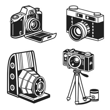 Set of four vintage and retro camera black and white equipment icons including tripod and folding cameras on white