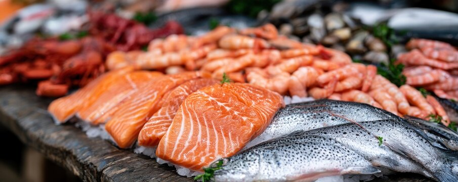 Salmon fillets and whole fish displayed on market counter