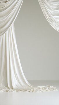 Draped white fabric curtains framing empty studio stage backdrop