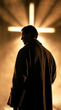 Man holding book standing before illuminated cross in church