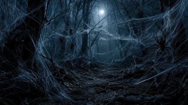 Spiderweb-covered forest path with large spiders beneath the moon. Halloween horror scene. Haunted woodland and creepy nature. Spooky seasonal background. Dark fantasy setting.