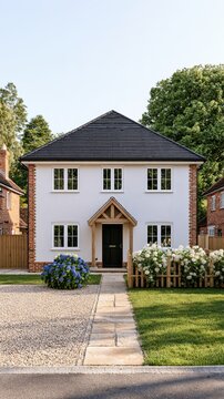 Two story house exterior with landscaped front yard