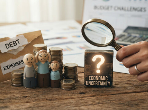 Wooden family figurines with coins and a question mark under a magnifying glass on a wooden desk