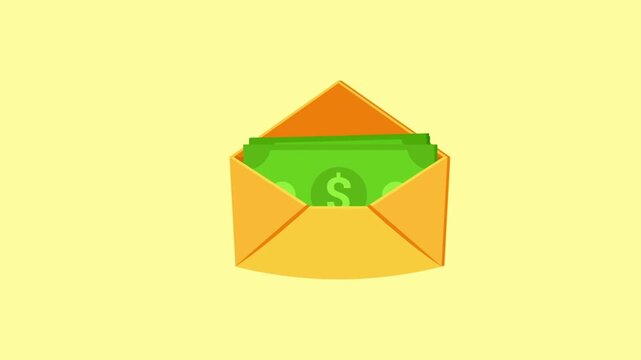 Orange envelope with green dollar banknotes inside on yellow background, flat illustration of cash payment and salary