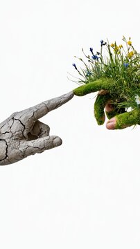 Clay hand touching moss covered hand with wildflowers on white