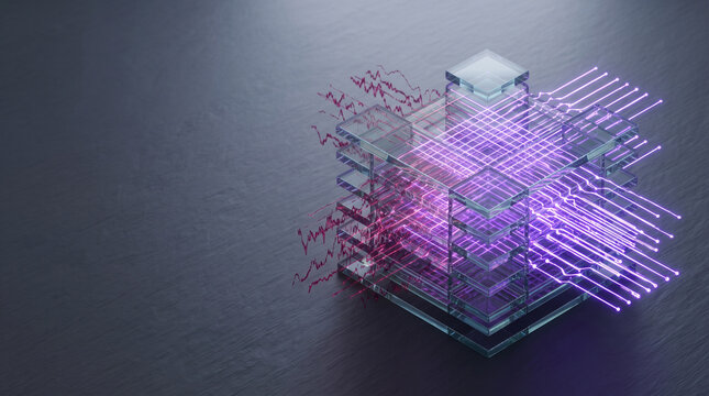 Isometric 3D render of glass topological qubit processor correcting data noise with glowing purple surface code grids on dark slate backdrop with copy space