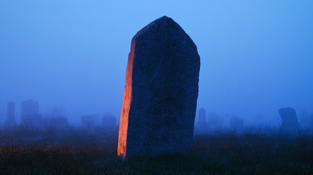 Standing stone illuminated by warm light in foggy field