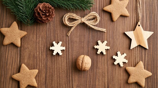 Christmas cookies and wooden ornaments arranged on table