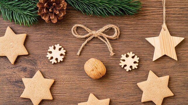 Flat lay of gingerbread cookies and natural ornaments on wood