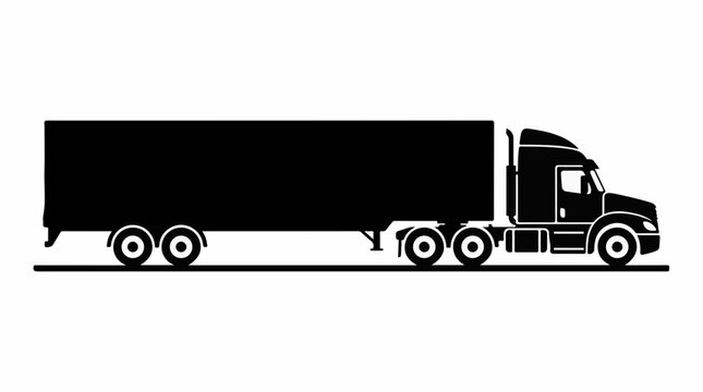 Black silhouette of a semi truck with trailer on white background