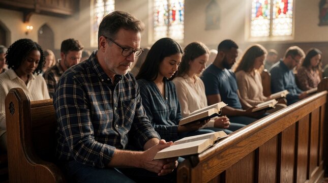 Diverse group of people sit in church pews. Multiracial congregation reads holy bible, prays during religious service. Man in plaid shirt holds book others focus on scripture inside old chapel with