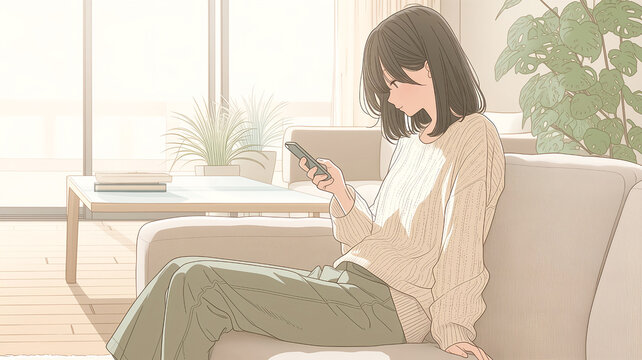 自宅のソファでスマートフォンを見る若い女性のアニメ風イラスト