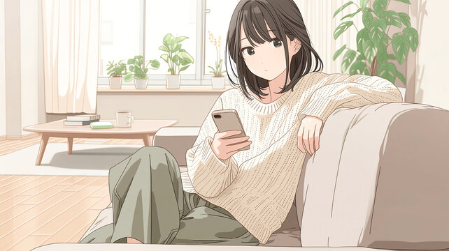 自宅のソファでスマートフォンを見る若い女性のアニメ風イラスト