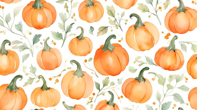 Watercolor Autumn Orange Pumpkins Pattern