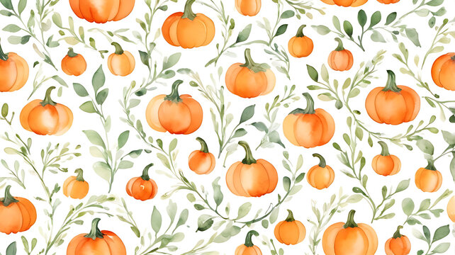 Watercolor Orange Pumpkins and Leaves Seamless Pattern