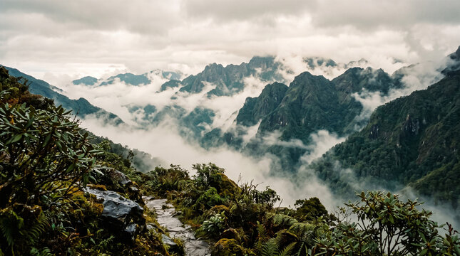 dramatic mountain landscape with low clouds and mist rolling through valleys