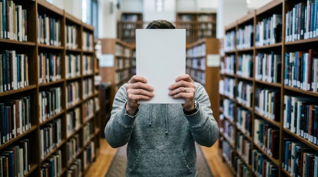 Man Holding Blank White Book Mockup in Front of Face in Library Setting for Education and Literature Concepts