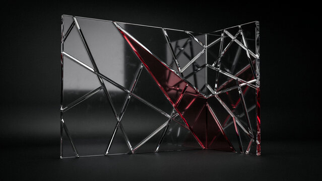 Geometric shattered glass structure with red light reflection on a dark black background surface