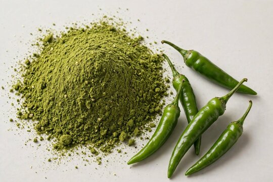 Rich green chili powder pile, five glossy green chilies neatly lined, white background, fresh spicy unique look