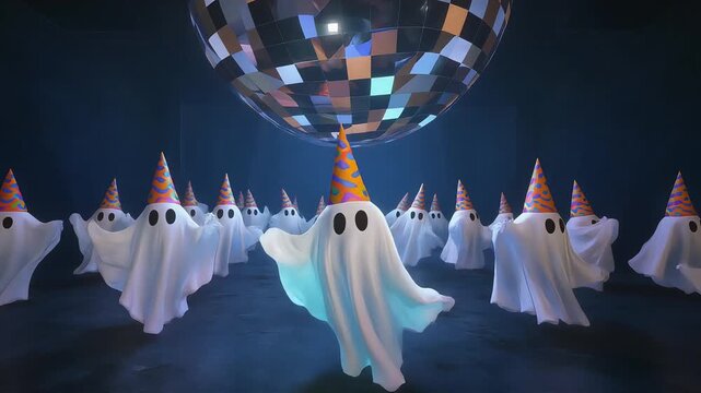 Cute white ghosts wearing colorful party hats dancing under a shiny disco ball in dark motion video footage